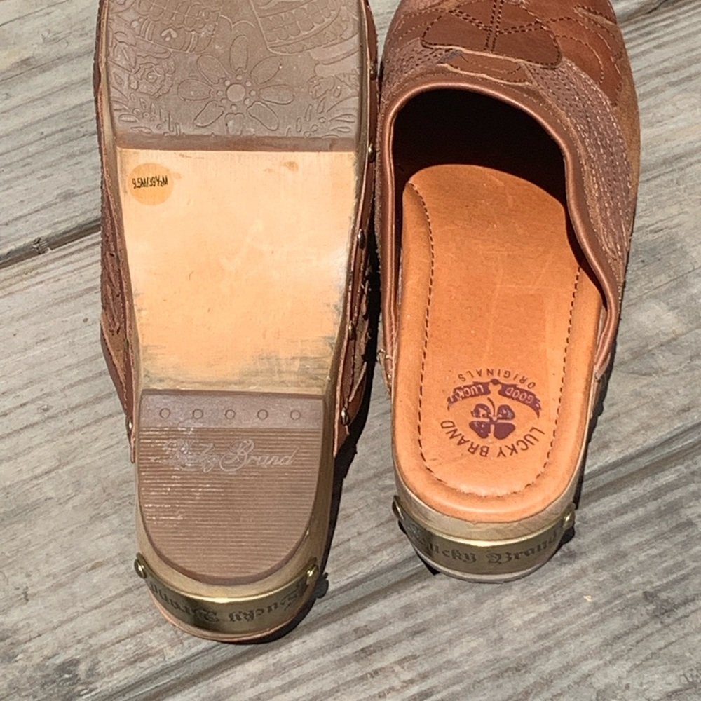 Lucky Brand Women's LK-Lilac Brown Leather Peace Suede Slip On Clogs Sz 9.5M - Picture 2 of 10